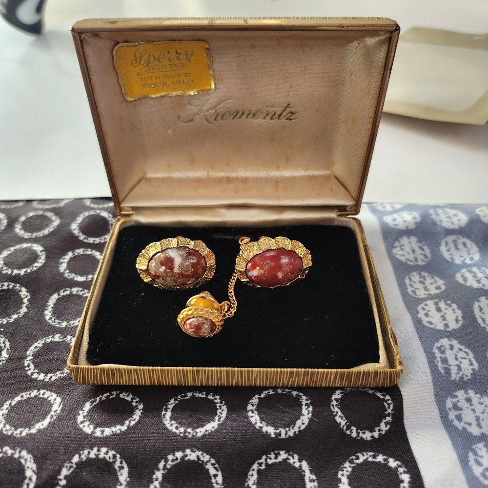 Krementz  Jasper red stones cufflinks set vintage #08